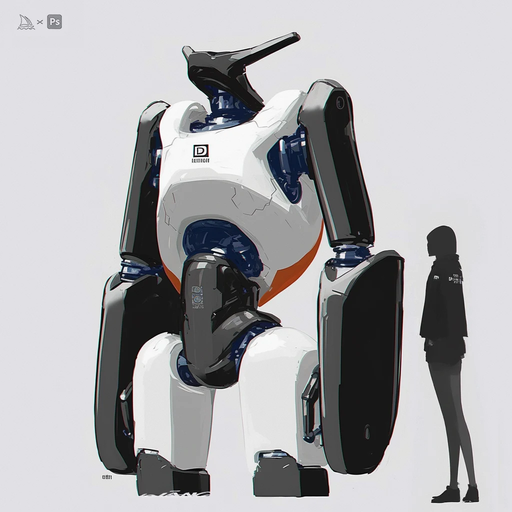 Tall white and blue robot with a human scale figure