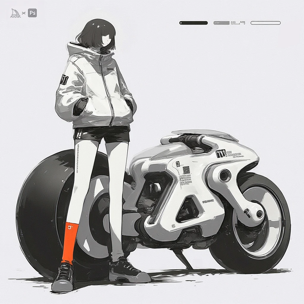 White motorcycle concept with a standing rider