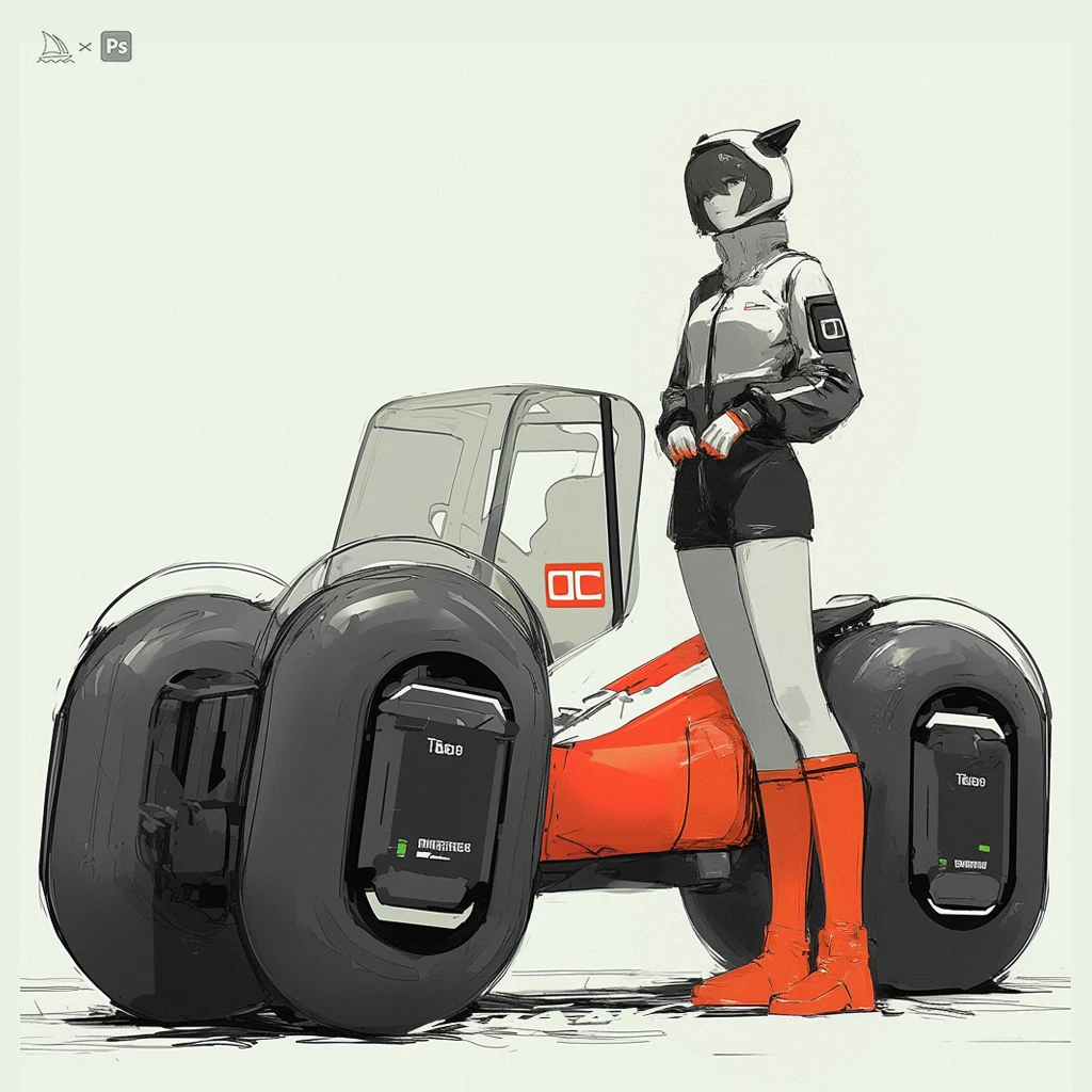 Compact orange and white vehicle with a rider