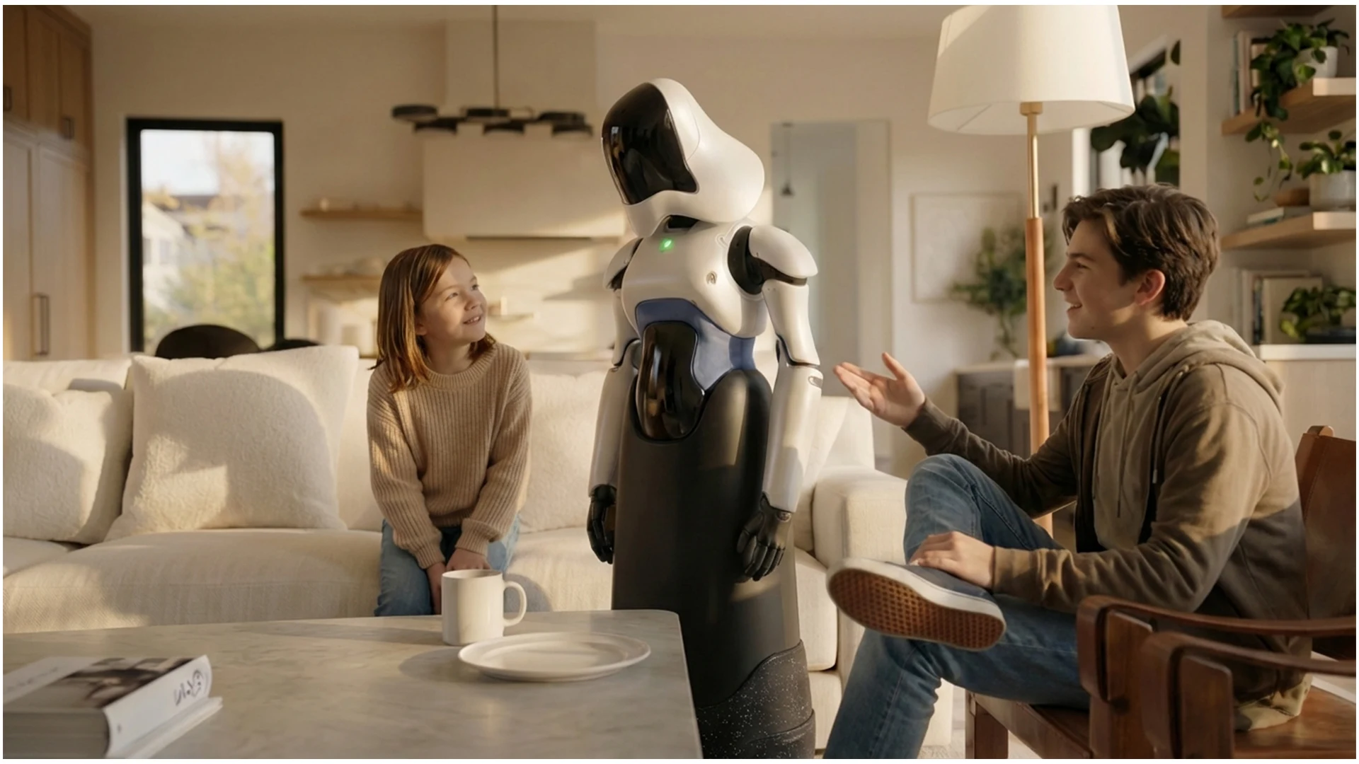Robot concept with people in a rendered living room